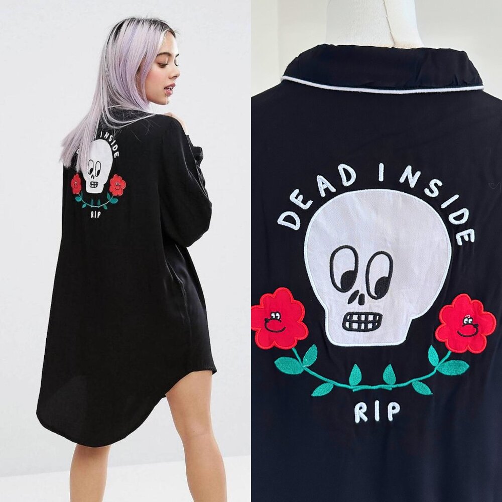 Lazy Oaf Dead Inside Embroidered Cowboy Shirt Dress Black Skull RIP Size M L